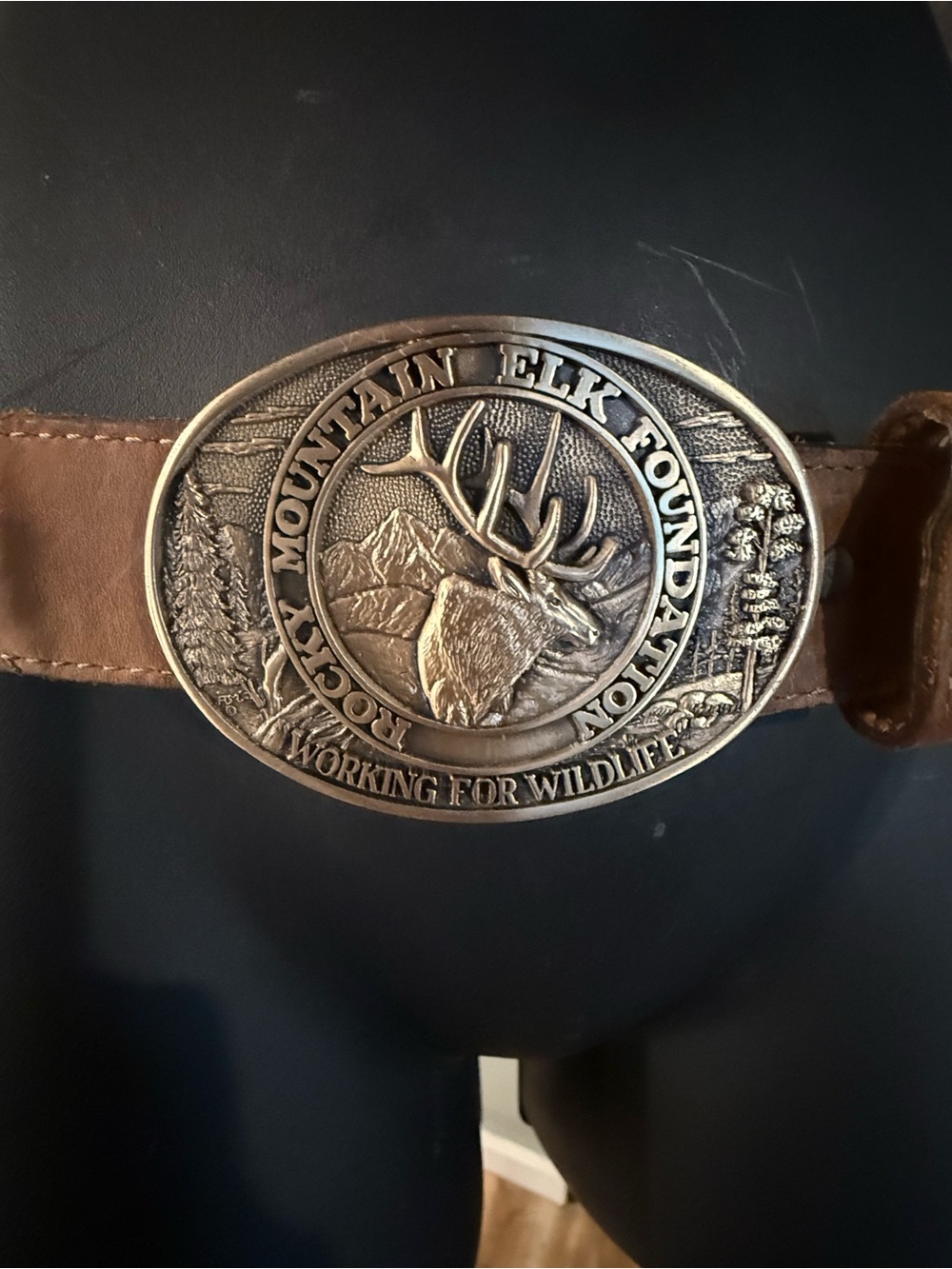 Vintage Rocky Mountain Elk Foundation Oval Buckle - Silver on Brown Aztec Belt